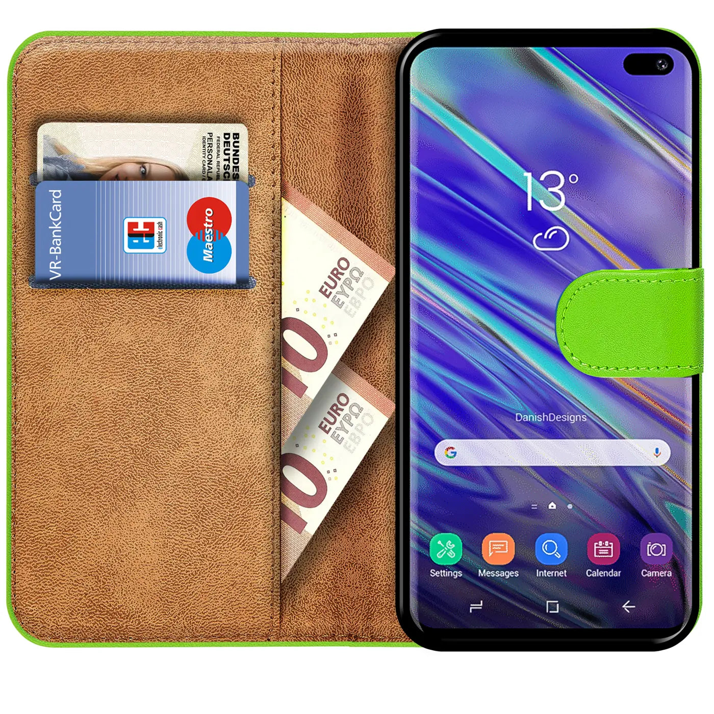Grüne Klapphülle aus Leder mit Kartenfächern, zeigt Samsung Galaxy S10.