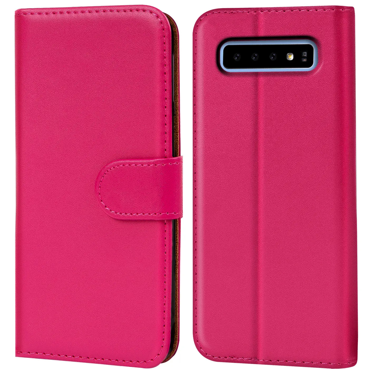 Fuchsia Leder-Klapphülle mit Kartenfächern, Vorder- und Rückansicht, Samsung S10.