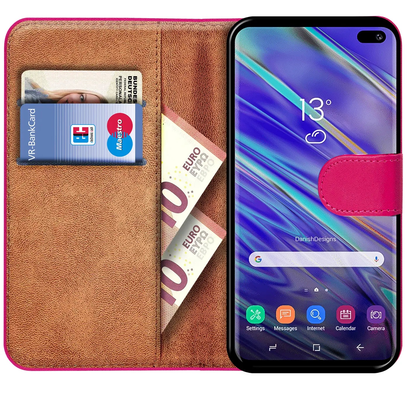 Braune Leder-Klapphülle mit pinkem Verschluss, zeigt Samsung S10, Karten, Geldscheine.