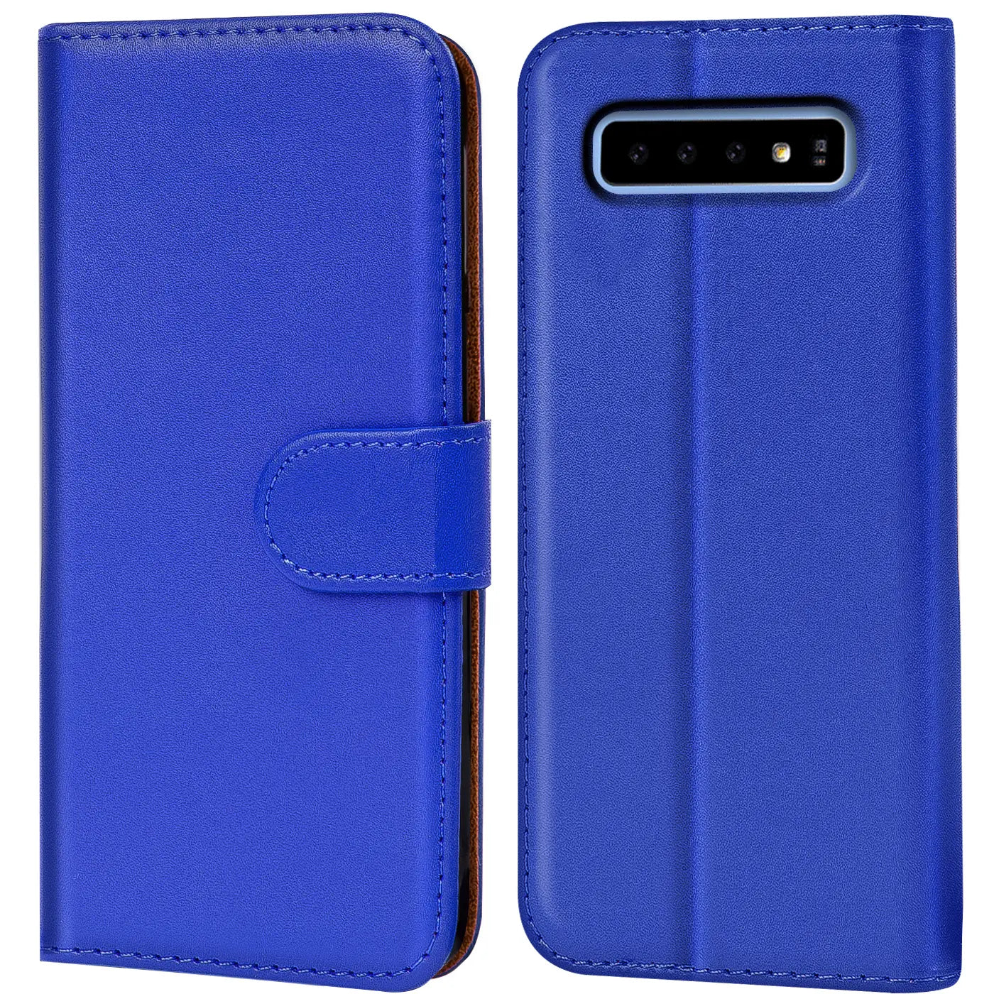 Blaue Kunstlederhülle für Samsung S10 Plus, Vorder- und Rückansicht.