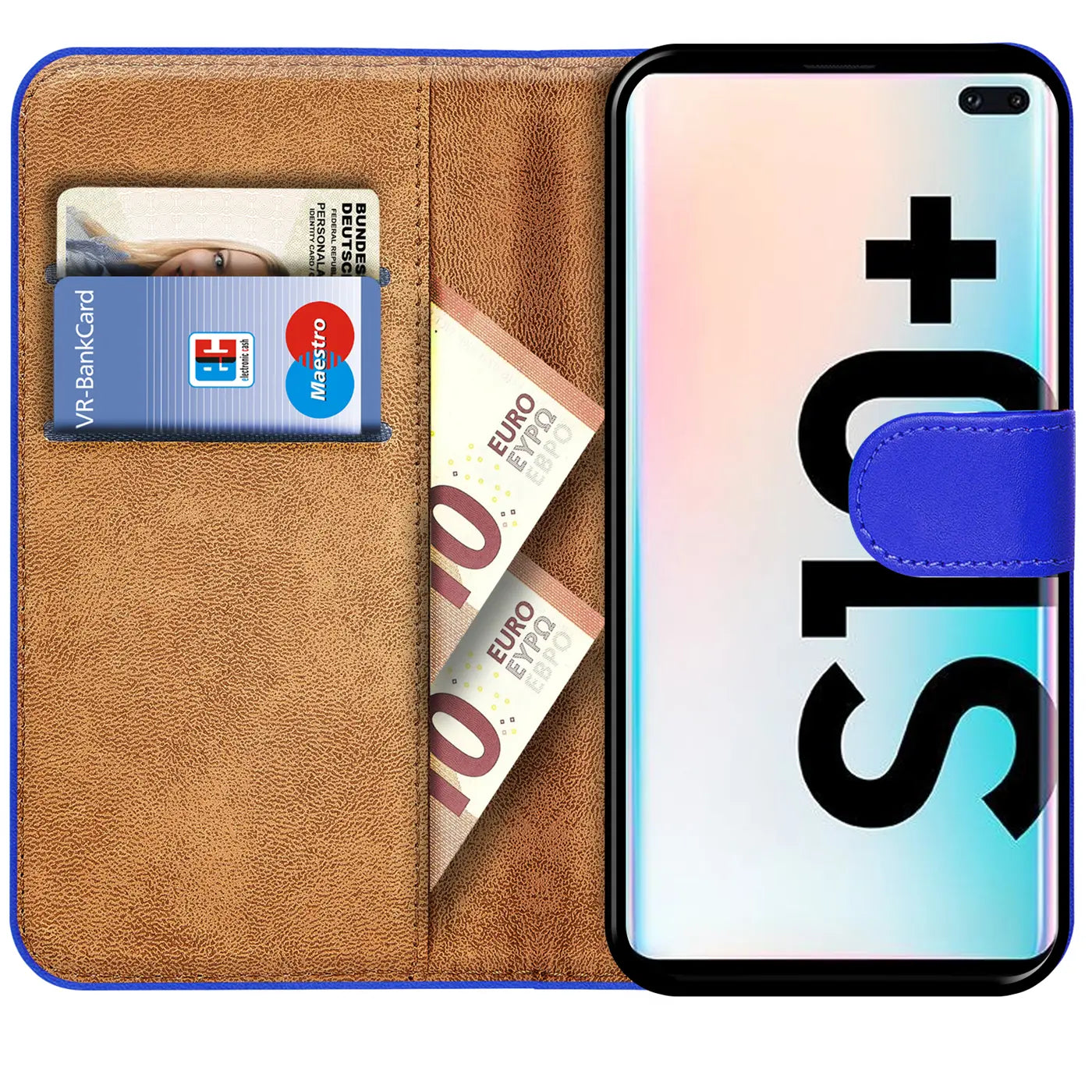 Braune Kunstleder-Klapphülle mit blauem Verschluss, zeigt Samsung S10 Plus, Karten und Geldscheine.