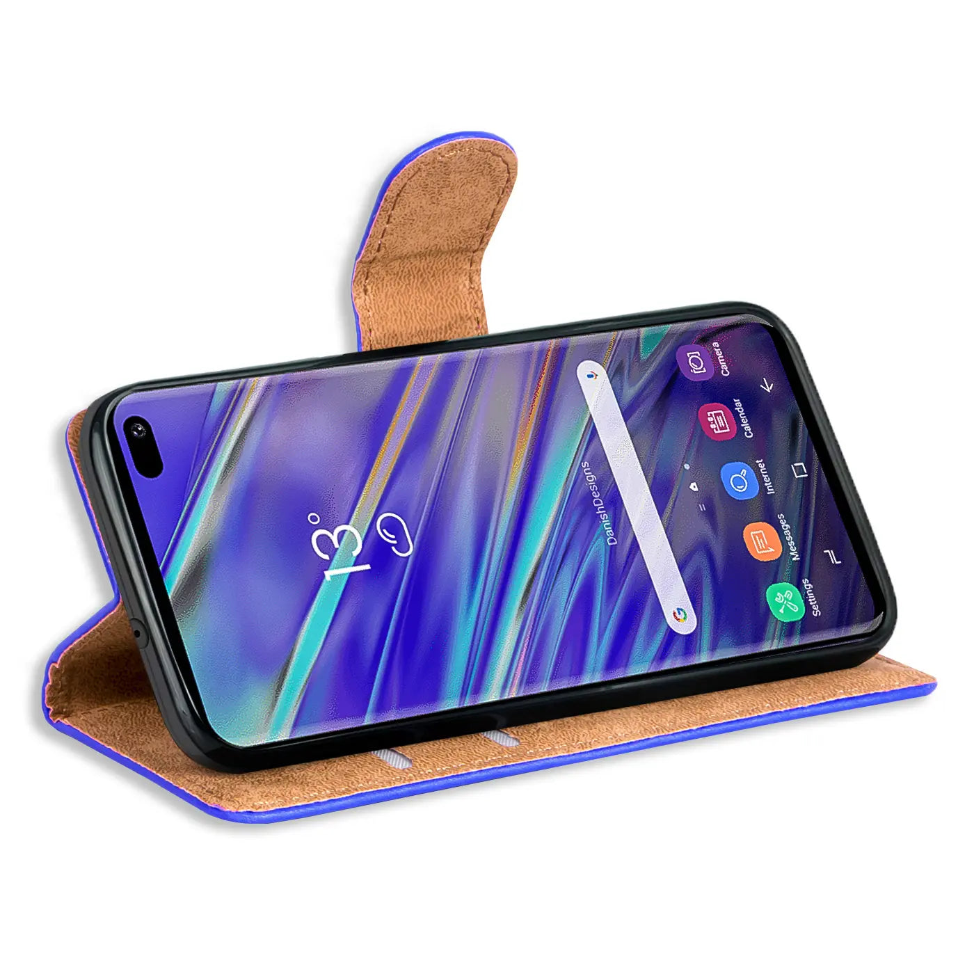 Blaue Kunstleder-Klapphülle mit braunem Innenfutter, Seitenansicht, zeigt Samsung Galaxy S10 Plus.