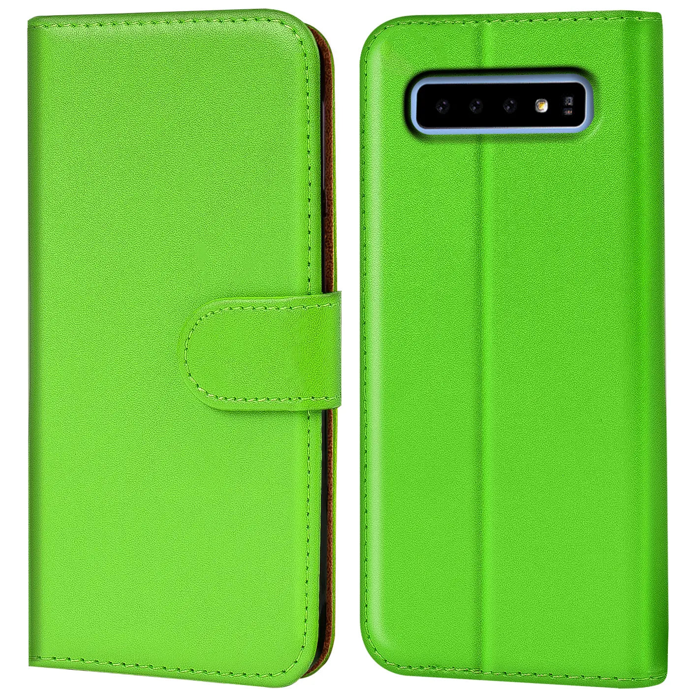 Grüne Klapphülle aus Leder für Samsung Galaxy S10 Plus, Vorder- und Rückansicht.