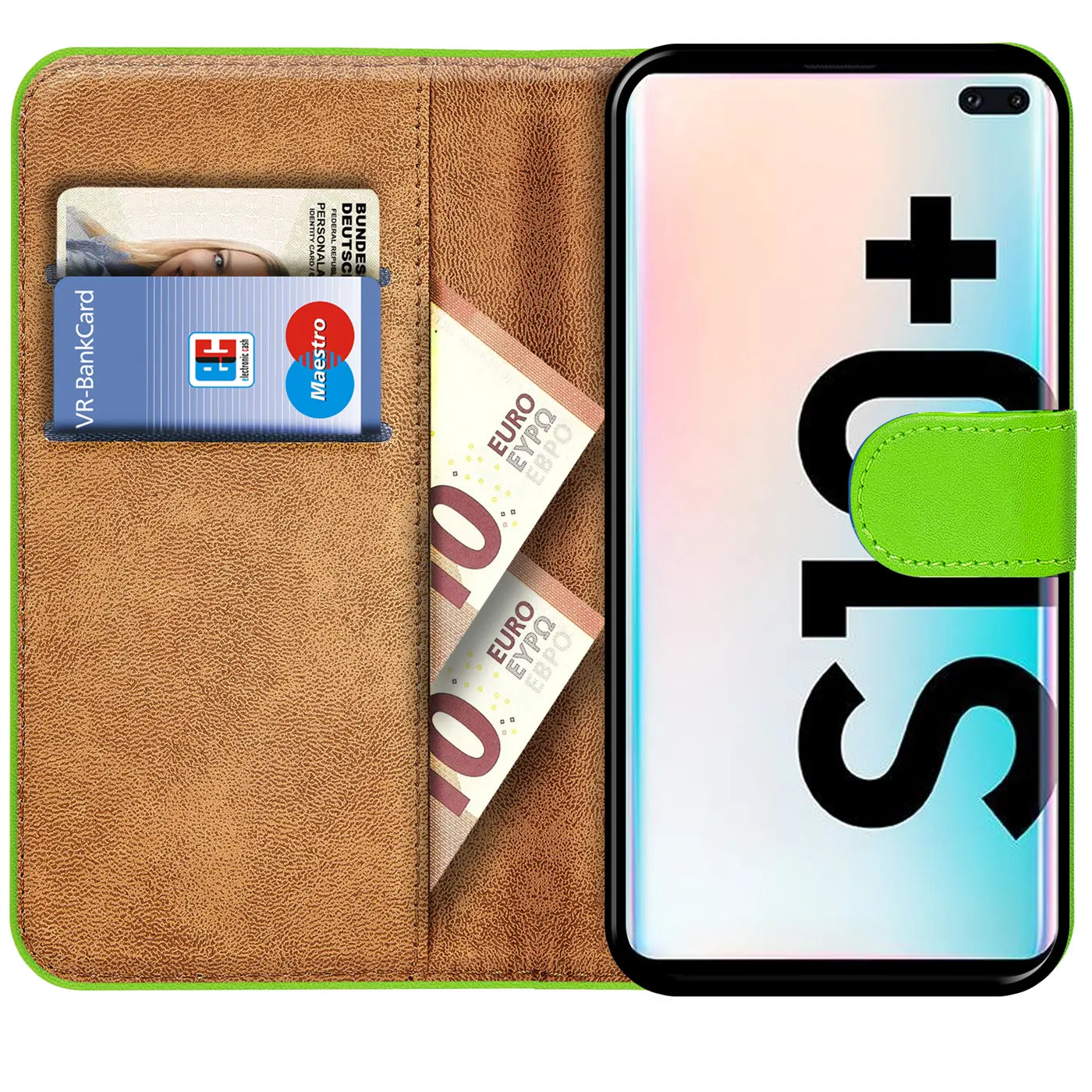 Grüne Klapphülle aus Leder mit Kartenfächern, zeigt Samsung S10 Plus.