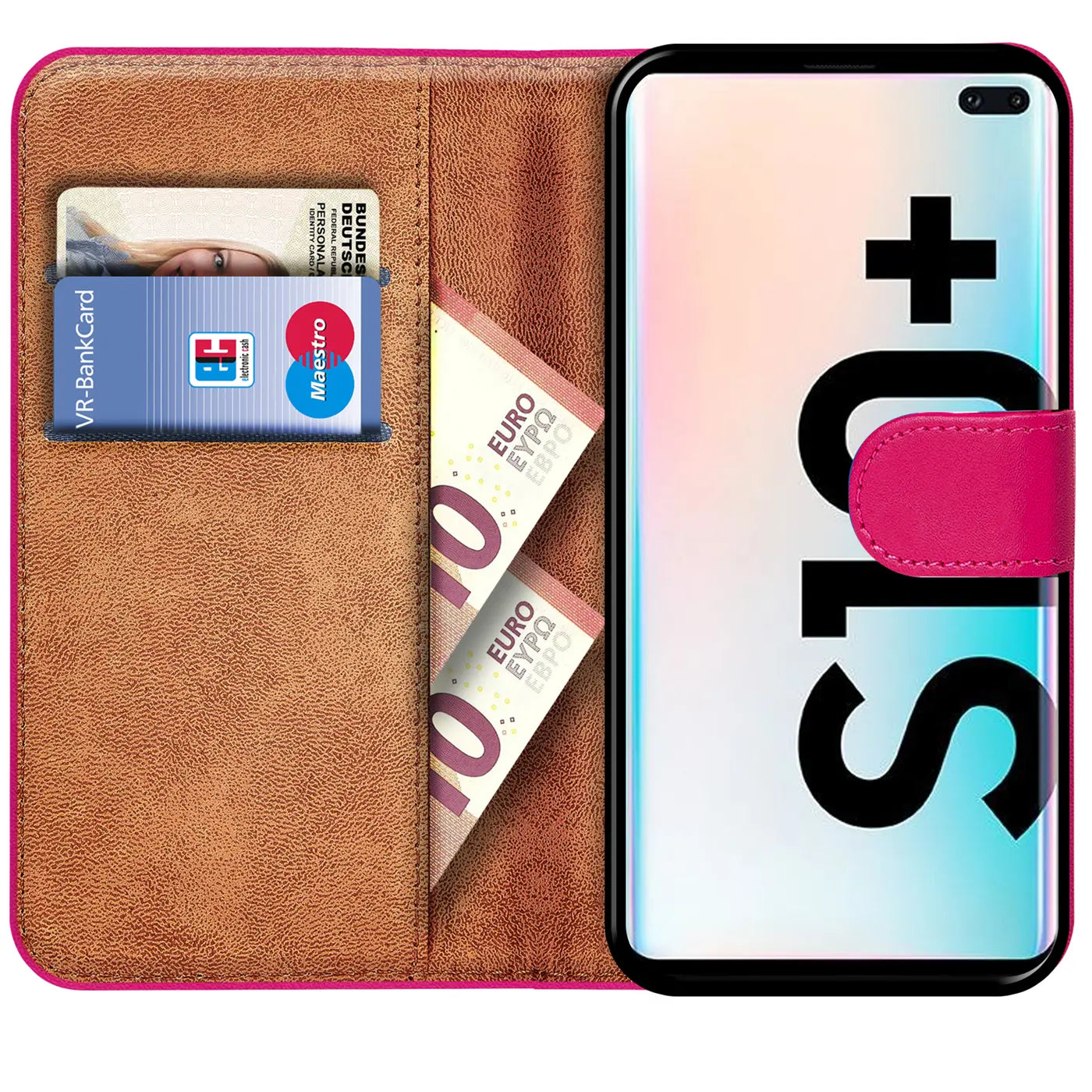 Braune Leder-Klapphülle mit Kartenfächern, rosa Akzenten, zeigt Samsung S10 Plus.