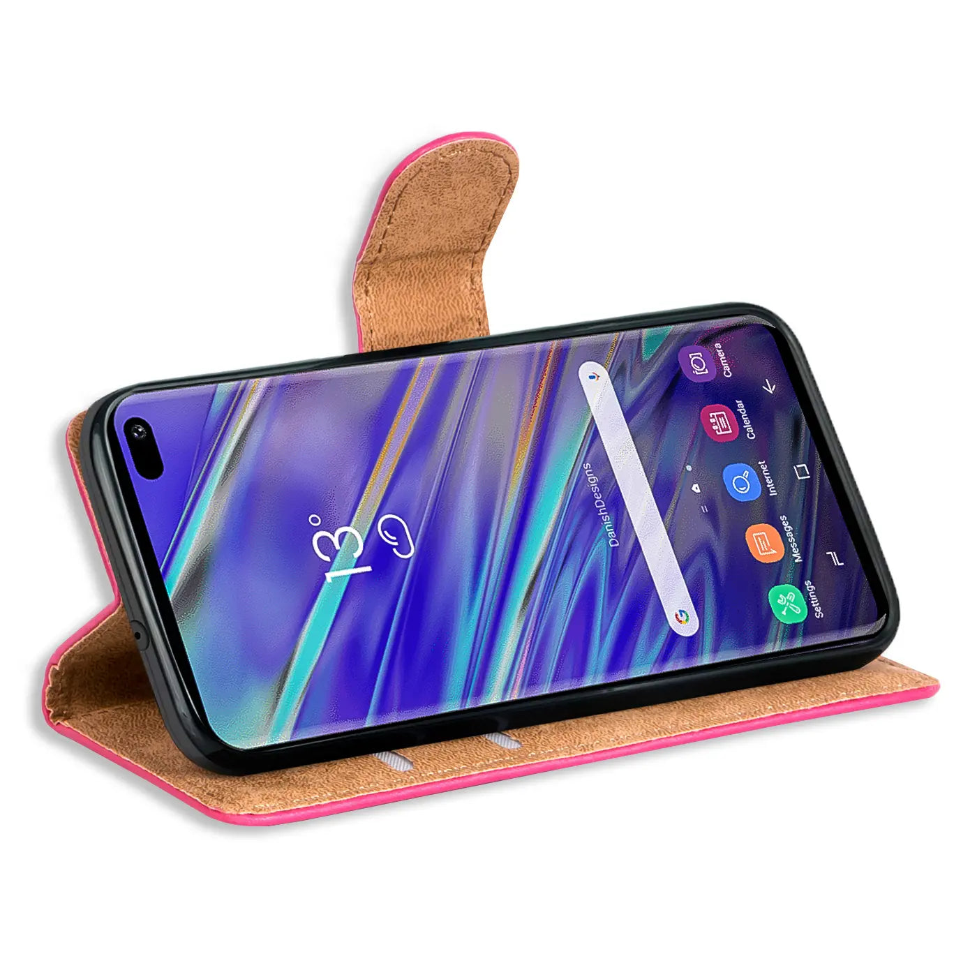 Samsung Galaxy S10 Plus in pink Kunstleder Klapphülle, von vorne schräg