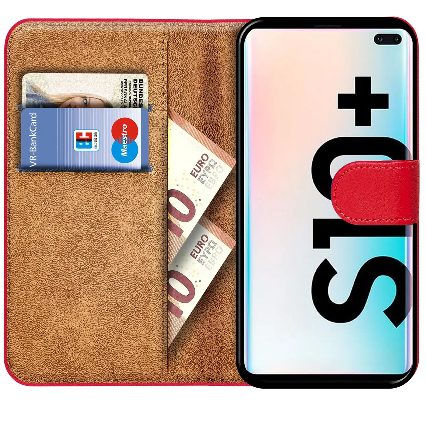 Rote Leder-Klapphülle mit Kartenfächern, zeigt Samsung S10 Plus.