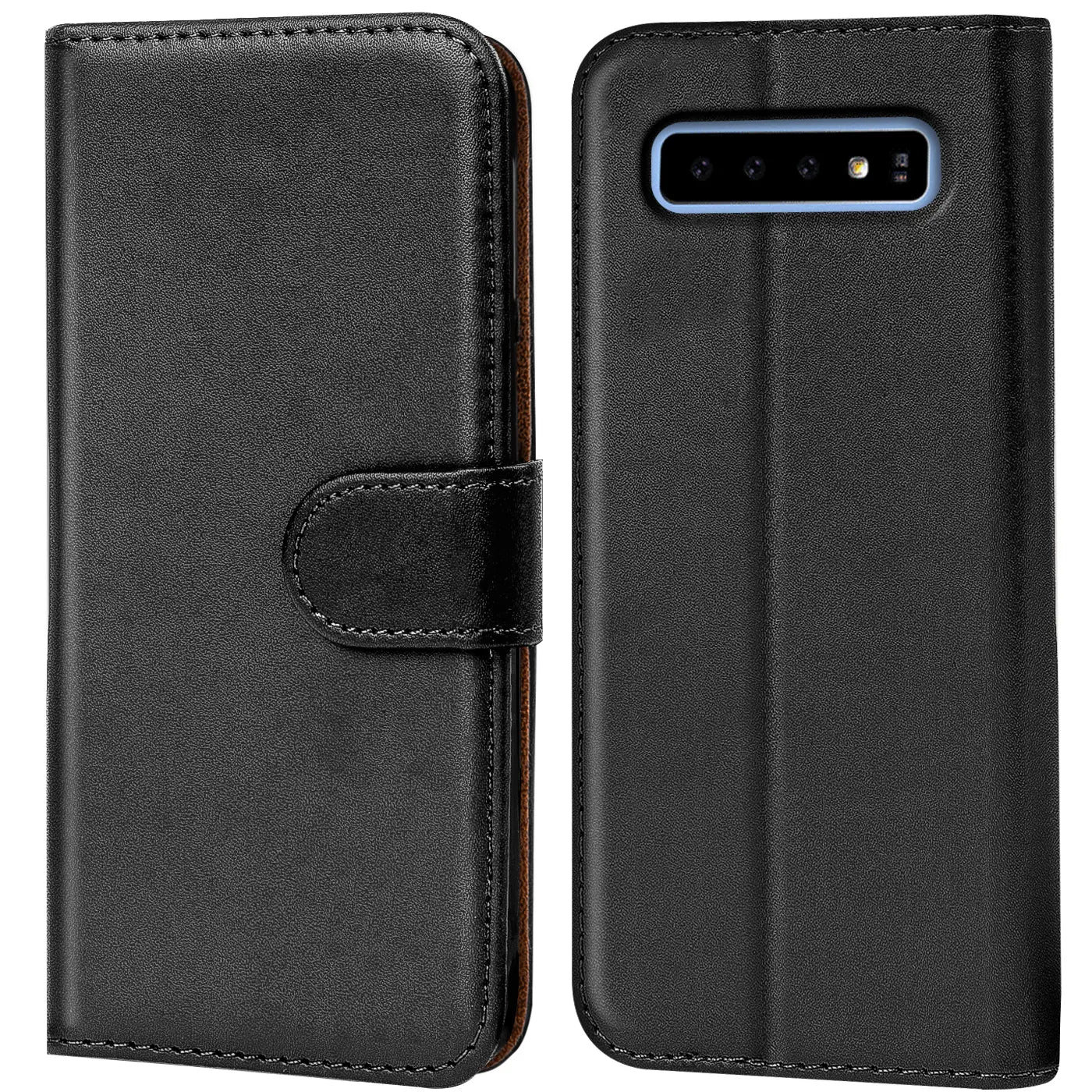 Schwarze Leder-Klapphülle mit Kartenfächern für Samsung Galaxy S10 Plus, Vorder- und Rückansicht.