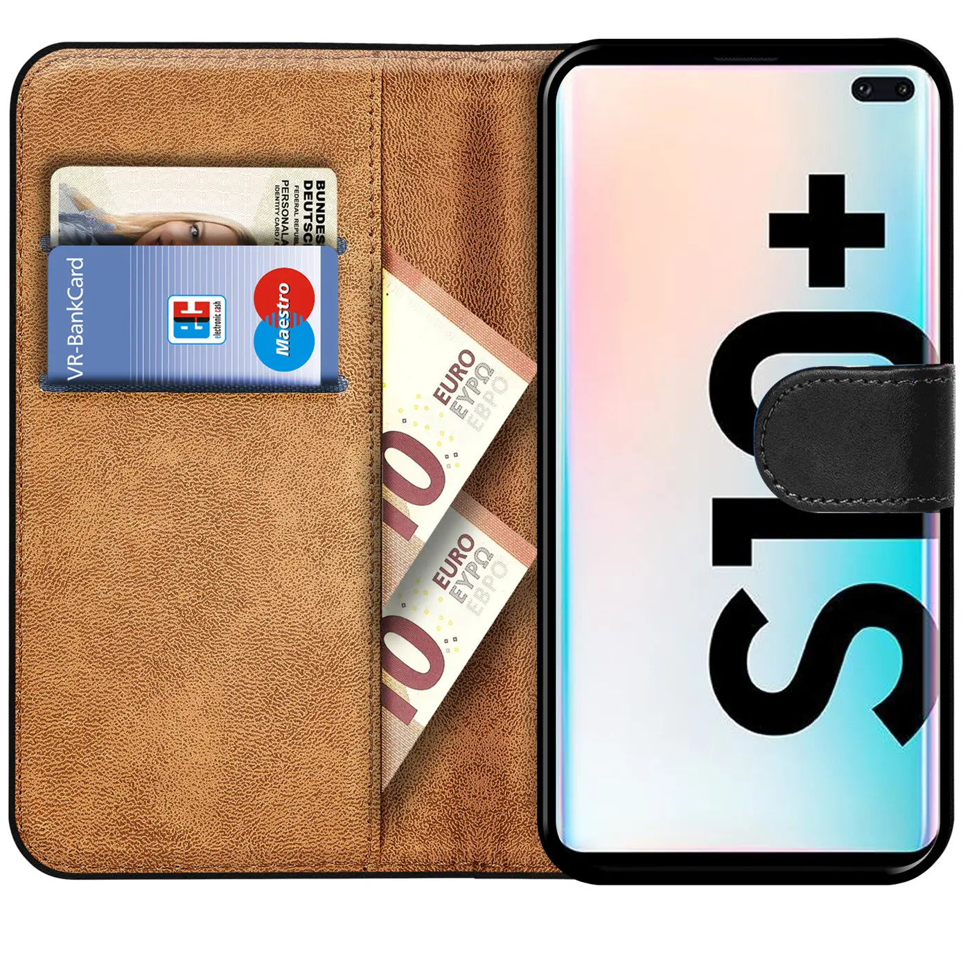 Braune Leder-Klapphülle mit Kartenfach, zeigt Samsung S10 Plus, Euro-Scheine.