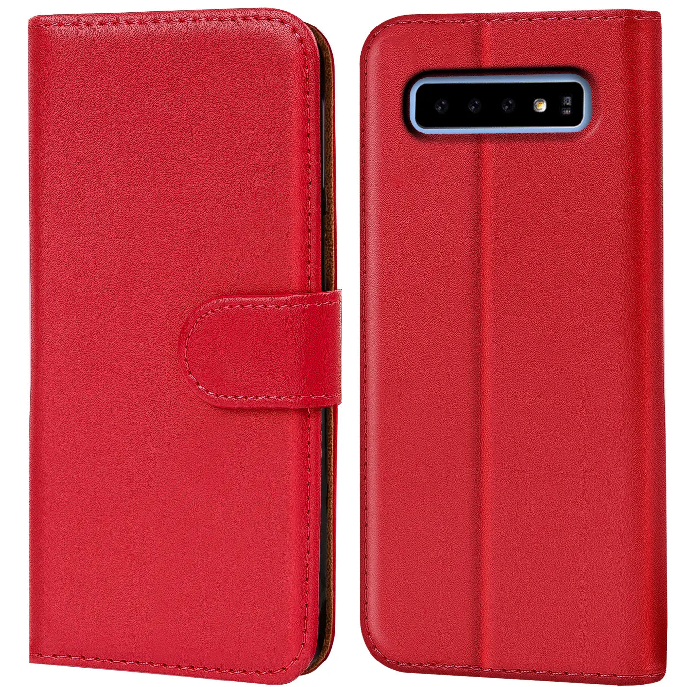 Rote Kunstleder-Klapphülle mit Kartenfächern für Samsung Galaxy S10, Vorder- und Rückansicht.