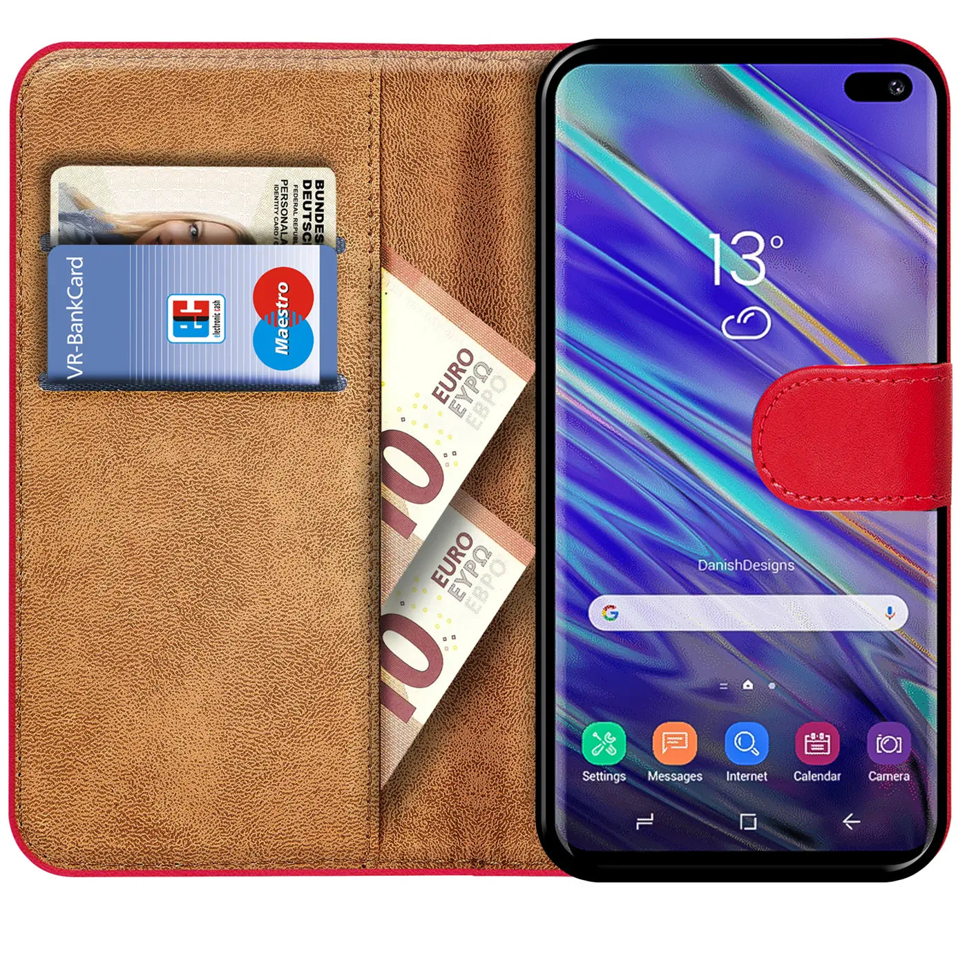 Rote Klapphülle aus Leder mit Kartenfächern für Samsung Galaxy S10, von vorne