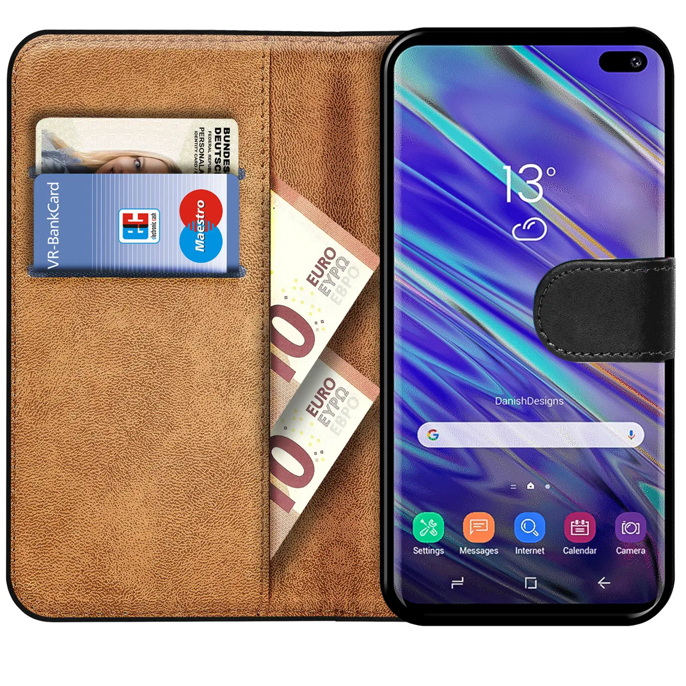 Braune Kunstleder-Klapphülle mit Kartenfächern, zeigt Samsung Galaxy S10, von vorne