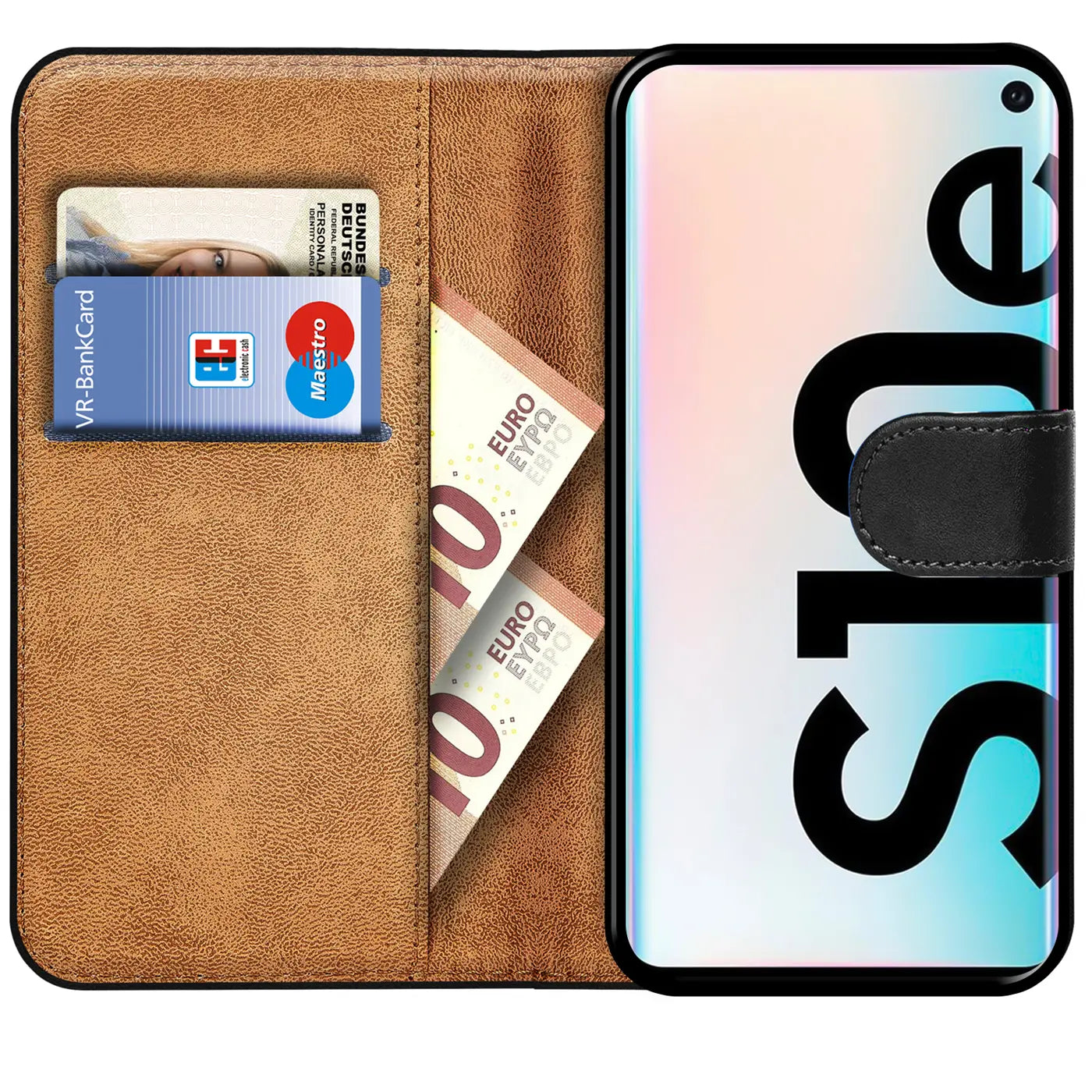 Braune Kunstleder-Klapphülle mit Kartenfächern und Geldscheinfach, zeigt Samsung S10e.