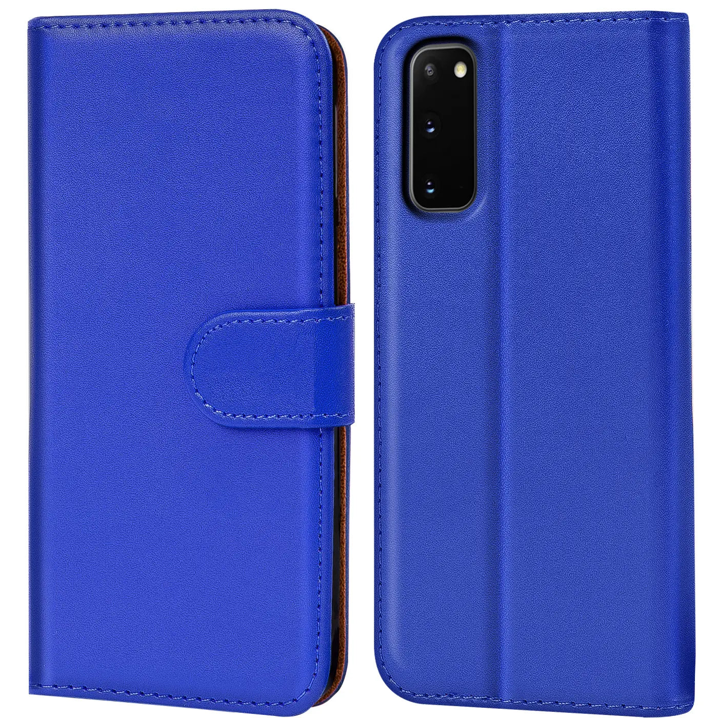 Blaue Kunstleder-Klapphülle für Samsung Galaxy S20, Vorder- und Rückansicht.