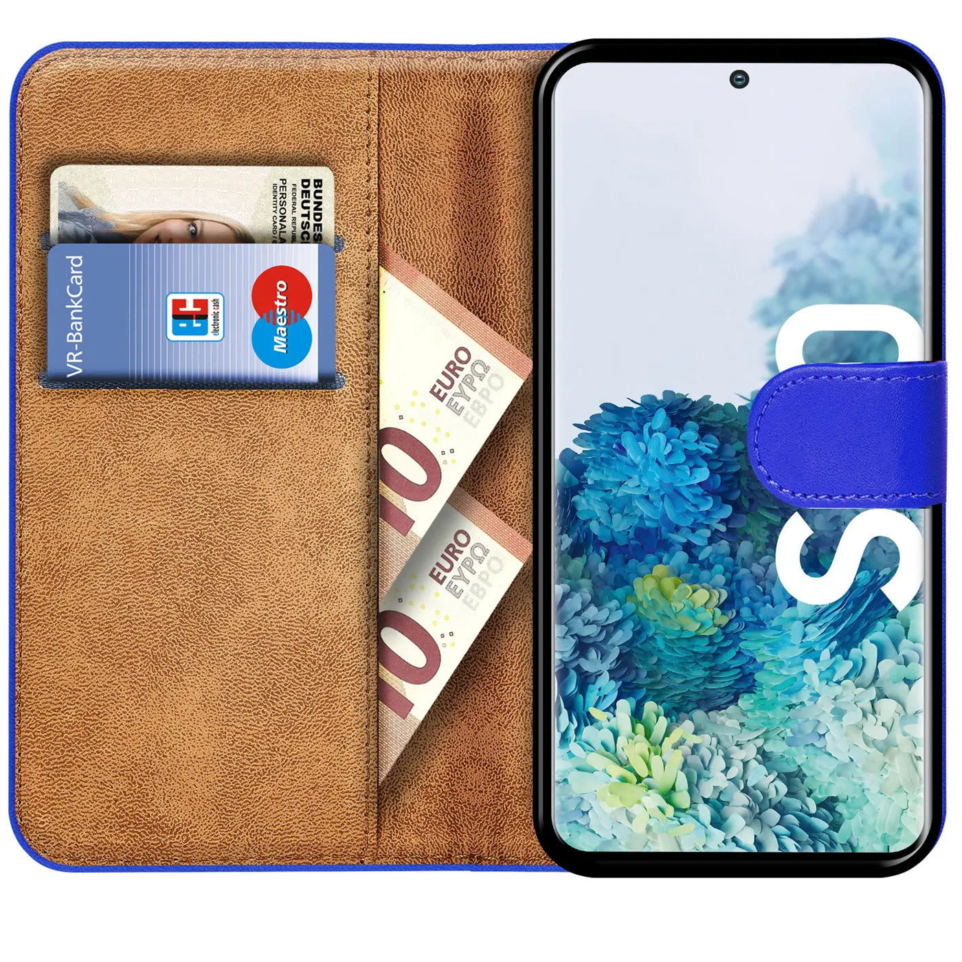 Blaue Kunstleder-Klapphülle mit Kartenfächern, zeigt Samsung S20, von oben.