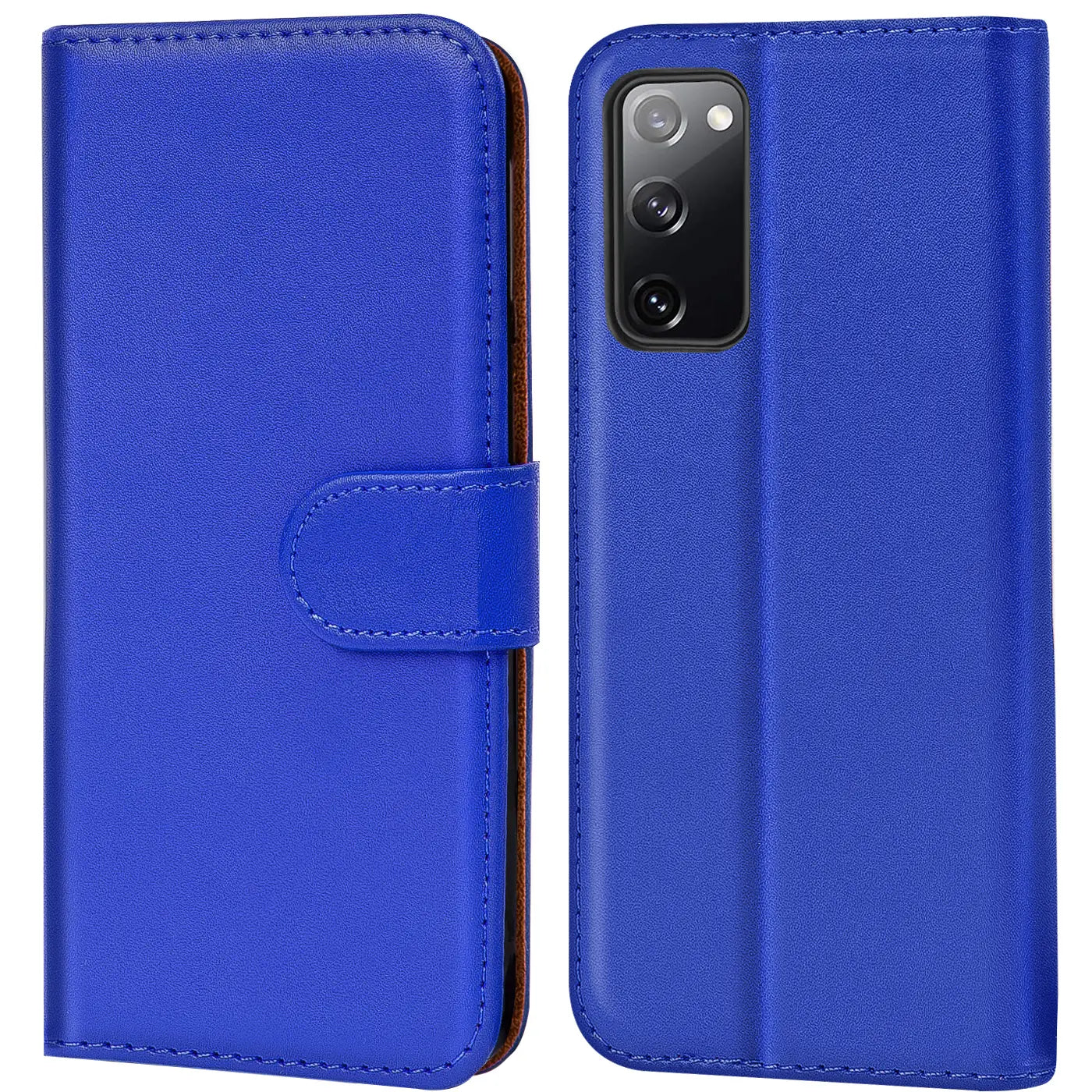 Blaue Kunstleder-Klapphülle mit Kartenfächern, Vorder- und Rückansicht, für Samsung Galaxy S20 FE.