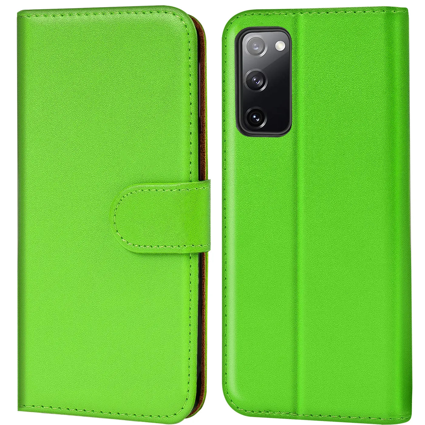 Grüne Kunstleder-Klapphülle, Vorder- und Rückansicht, mit Samsung S20 FE