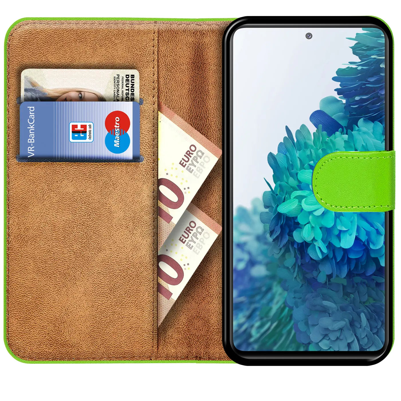 Grüne Kunstleder-Klapphülle mit Kartenfächern und Geldscheinfach, zeigt Samsung S20 FE.