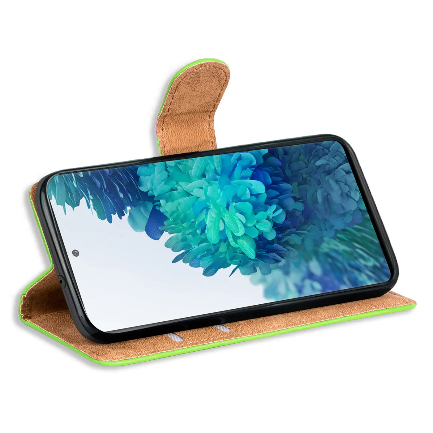 Grüne Kunstleder-Klapphülle mit braunem Innenfutter und Samsung Galaxy S20 FE.