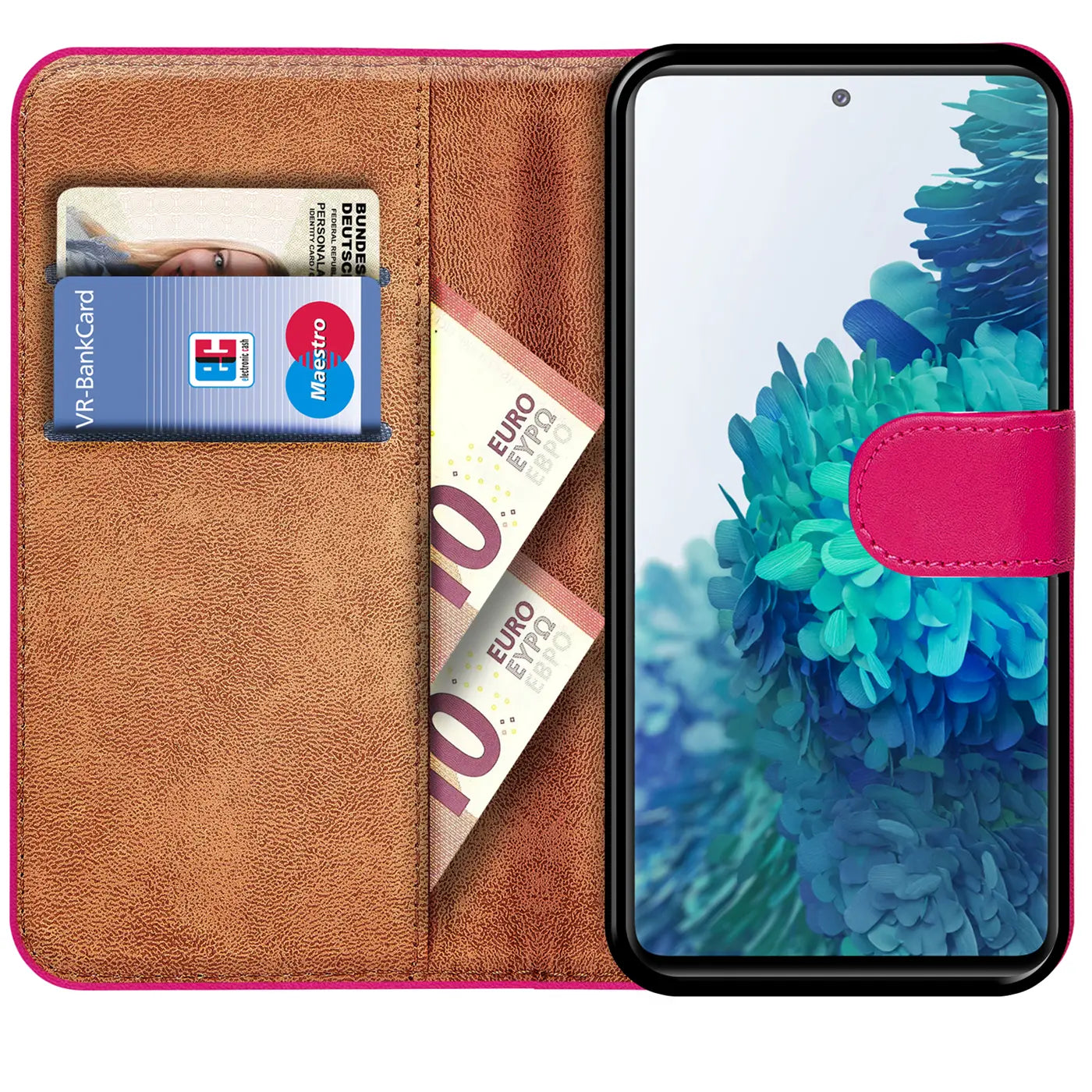 Pink Kunstleder-Klapphülle mit Kartenfächern, zeigt Samsung S20 FE, von vorne