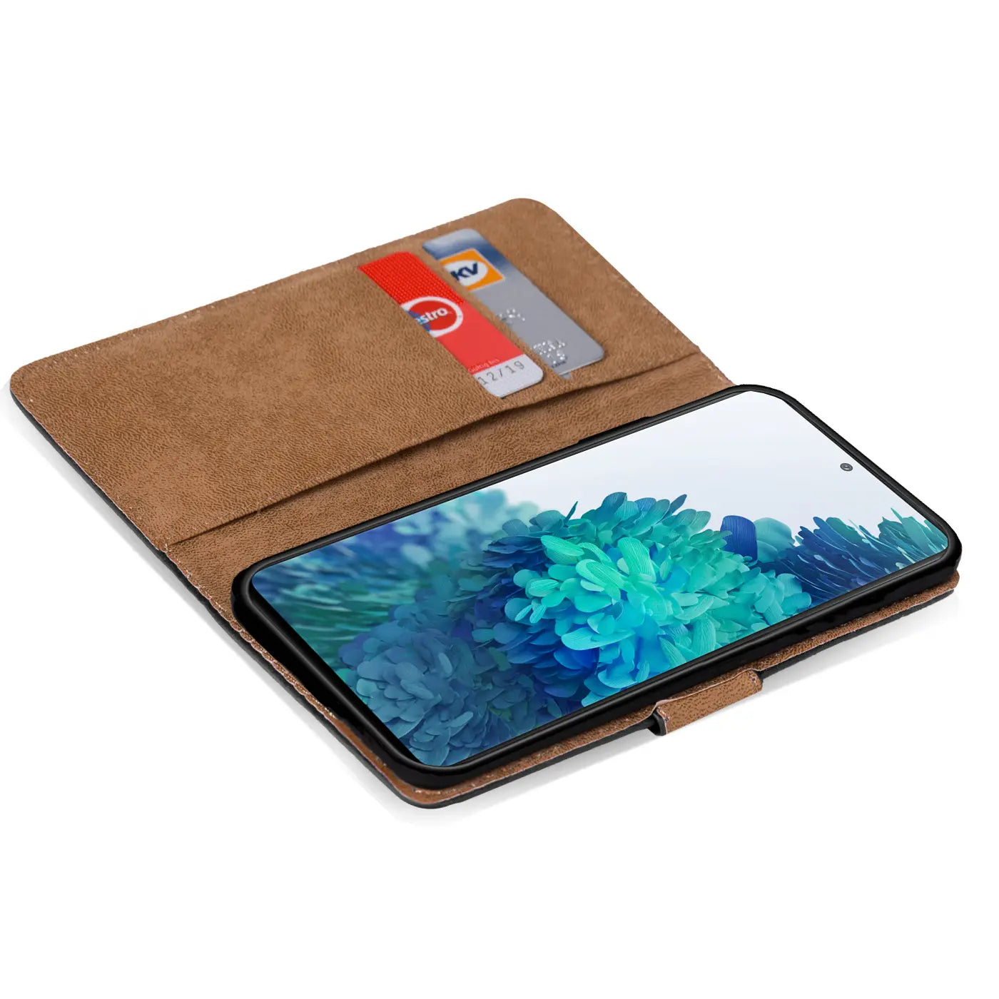 Braune Kunstleder-Klapphülle mit Kartenfächern, Samsung S20 FE von oben.
