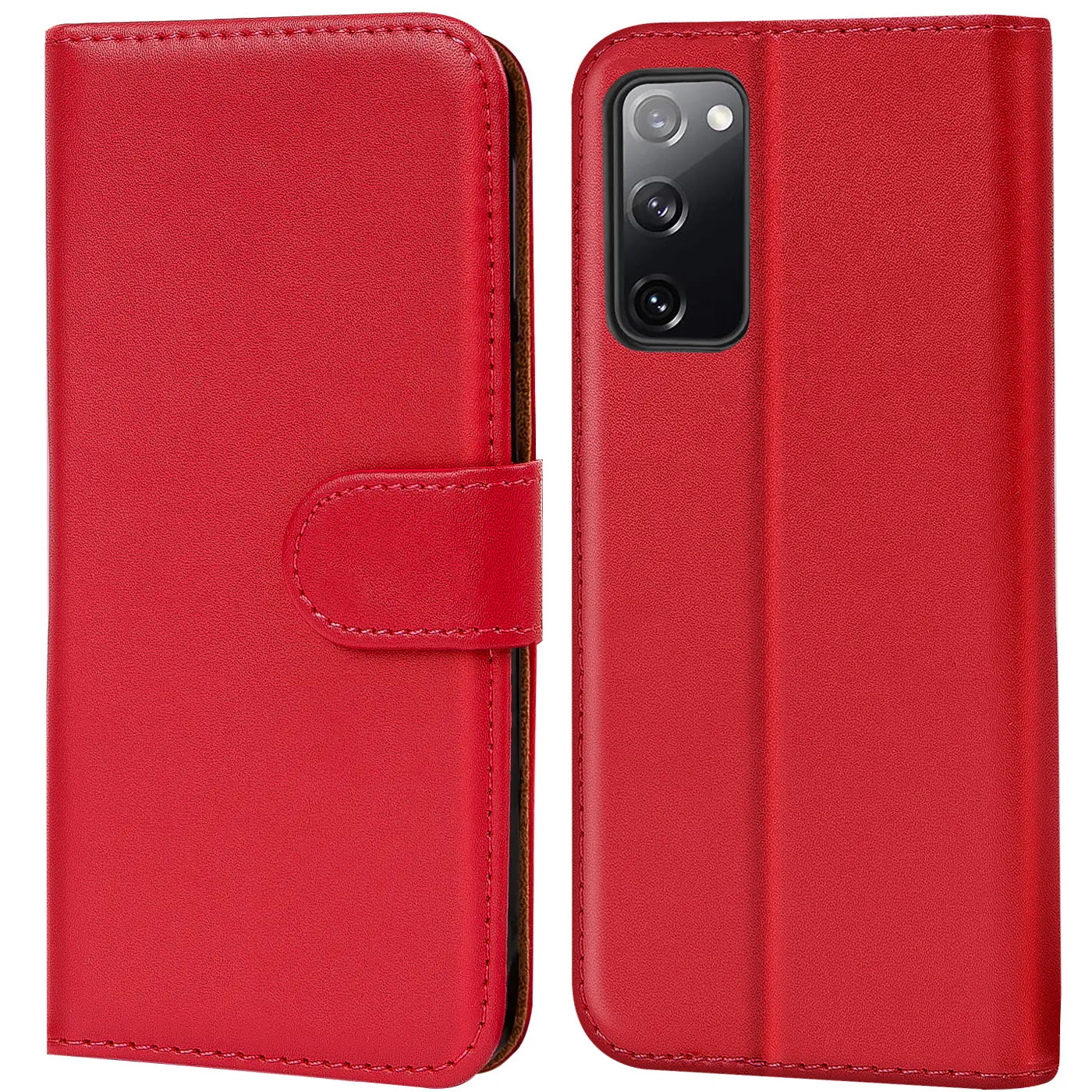 Rote Leder-Klapphülle mit Kartenfächern, Vorderansicht, zeigt Samsung Galaxy S20 FE