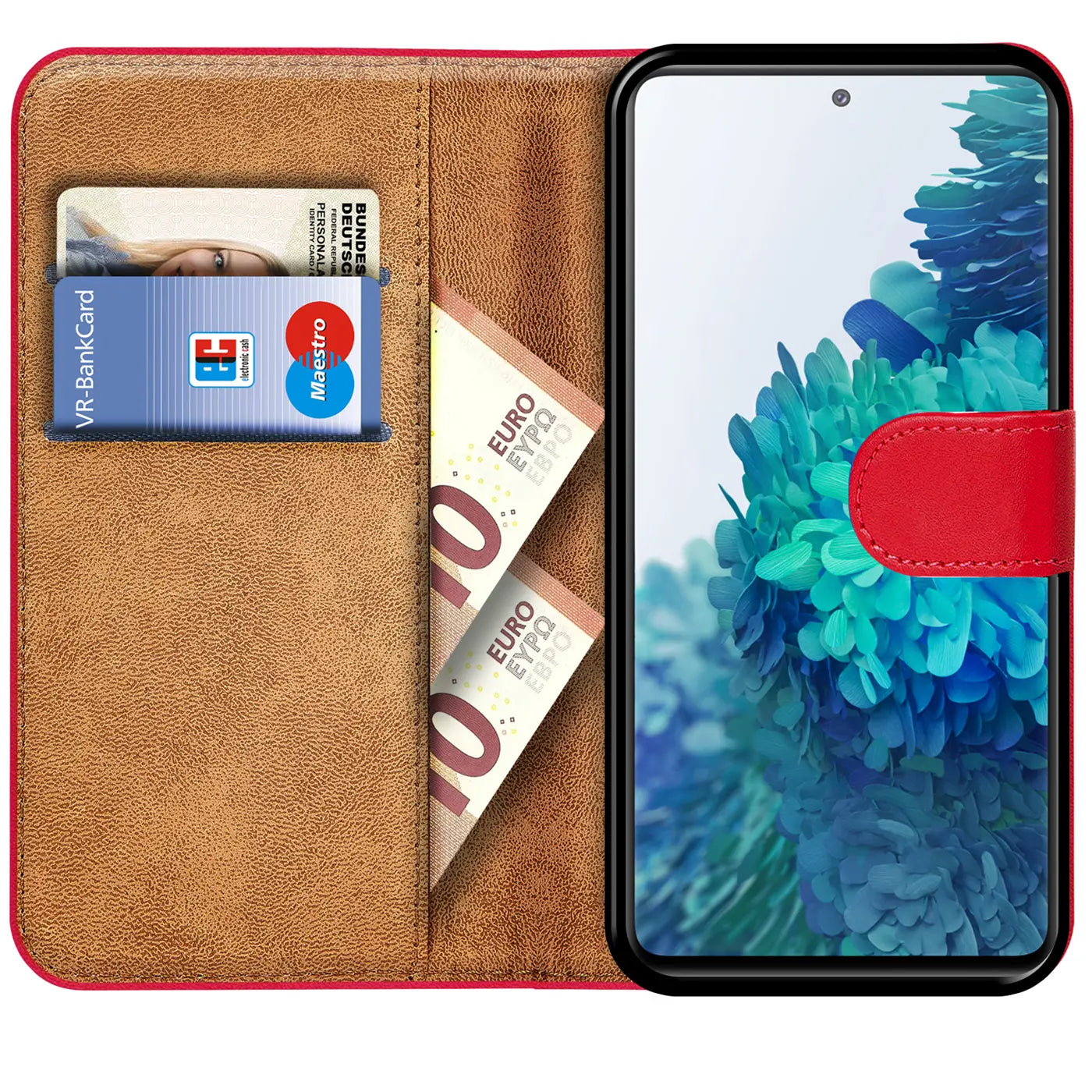 Rote Kunstleder-Klapphülle mit Kartenfächern, zeigt Samsung S20 FE, von oben