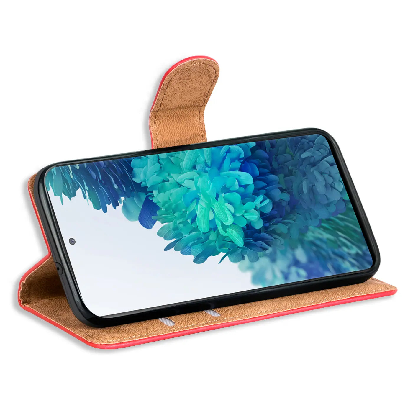 Rote Klapphülle aus Leder mit braunem Innenfutter, zeigt ein Samsung S20 FE von vorne.