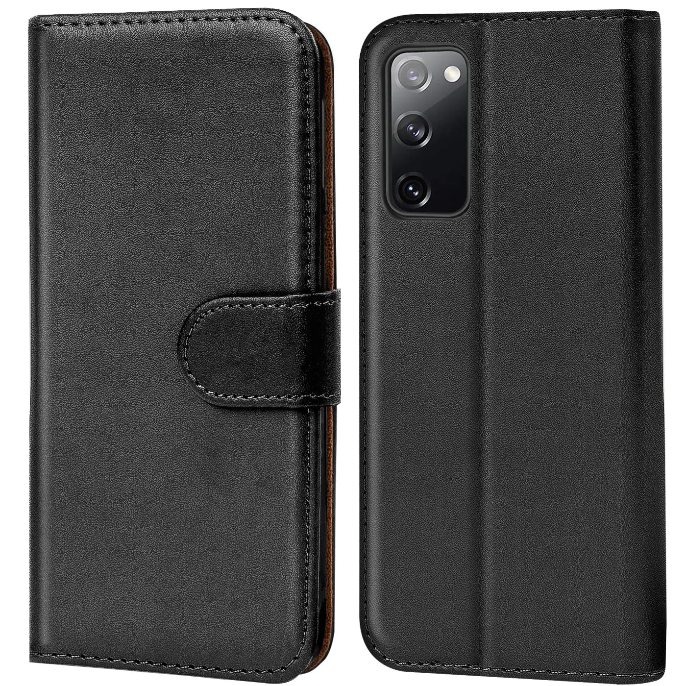 Schwarze Leder-Klapphülle mit Kartenfächern, Vorder- und Rückansicht, zeigt Samsung Galaxy S20 FE.
