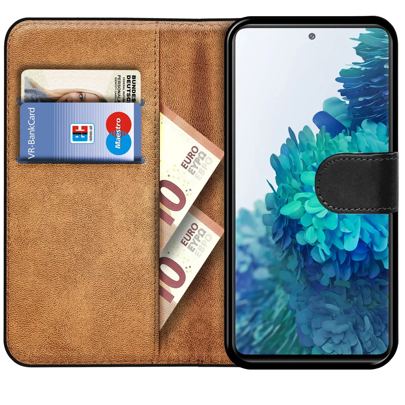 Braune Kunstleder-Klapphülle mit Kartenfächern und Geldscheinfach, zeigt Samsung Galaxy S20 FE.