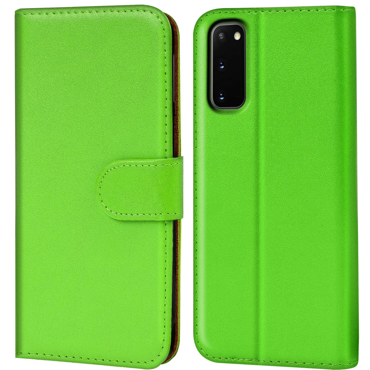 Grüne Kunstleder-Klapphülle mit Kartenfächern, Vorder- und Rückansicht, Samsung Galaxy S20.