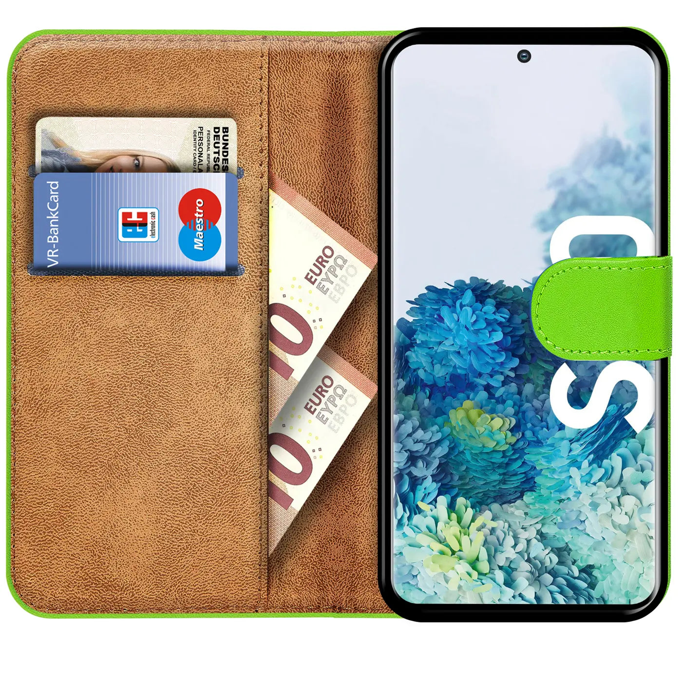 Grüne Kunstleder-Klapphülle mit Kartenfächern, zeigt Samsung S20.