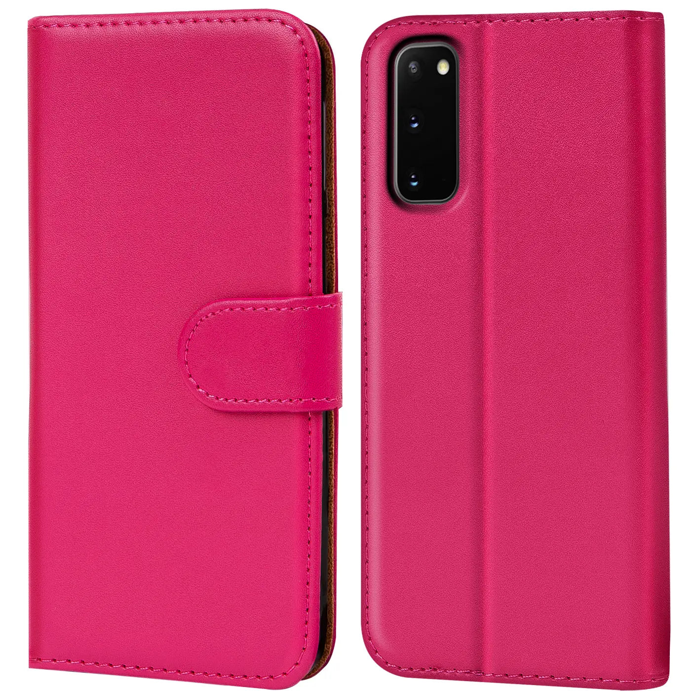 Pink Kunstleder Klapphülle mit Kartenfächern, Vorder- und Rückansicht, für Samsung Galaxy S20.
