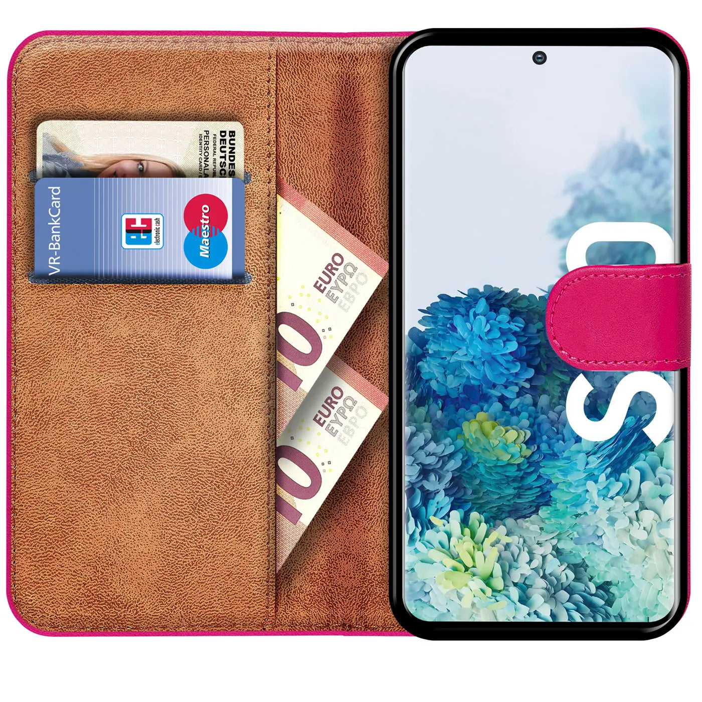 Braune Leder-Klapphülle mit rosa Rand, Kartenfächern, Geld und Samsung S20.
