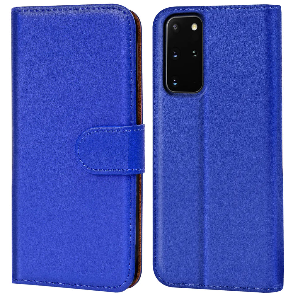 Blaue Kunstleder-Klapphülle mit Kartenfächern, Vorder- und Rückansicht, Samsung S20 Plus.