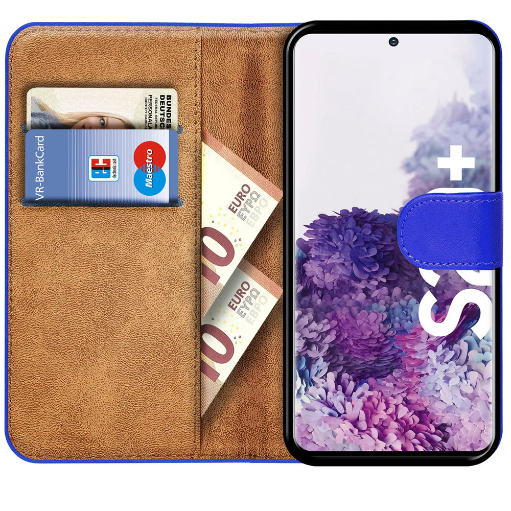Blaue Kunstleder-Klapphülle mit Kartenfächern, zeigt Samsung S20 Plus.