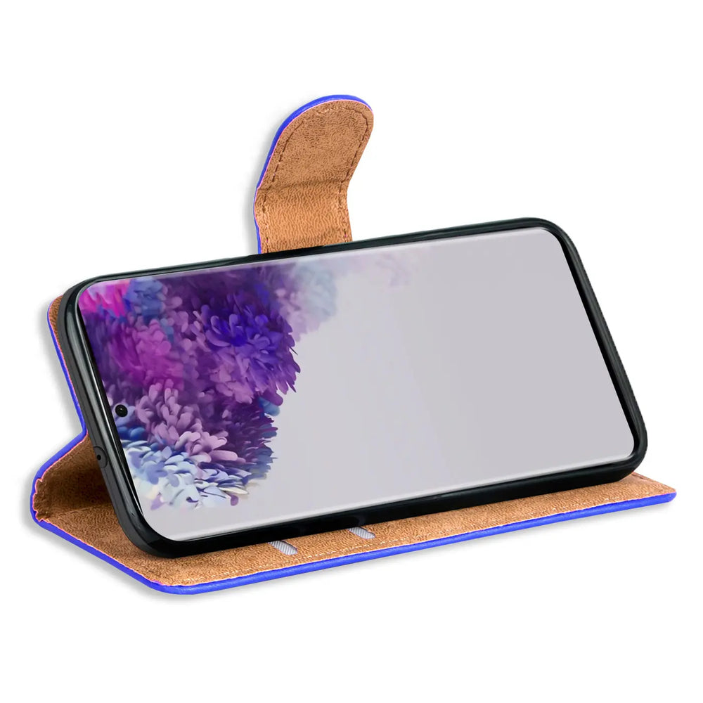 Blaue Kunstleder-Klapphülle mit braunem Innenfutter, Samsung Galaxy S20 Plus.
