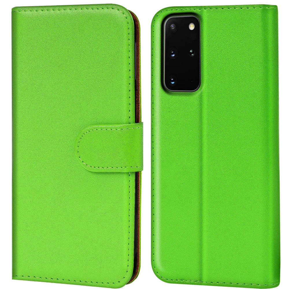 Grüne Kunstleder-Klapphülle mit Kartenfächern, Vorder- und Rückansicht, Samsung S20 Plus