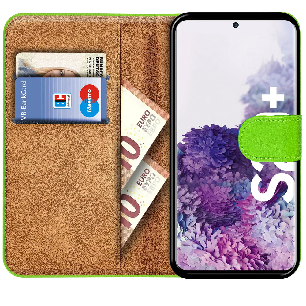Grüne Klapphülle aus Leder mit Kartenfächern, zeigt Samsung S20 Plus, Vorderansicht.