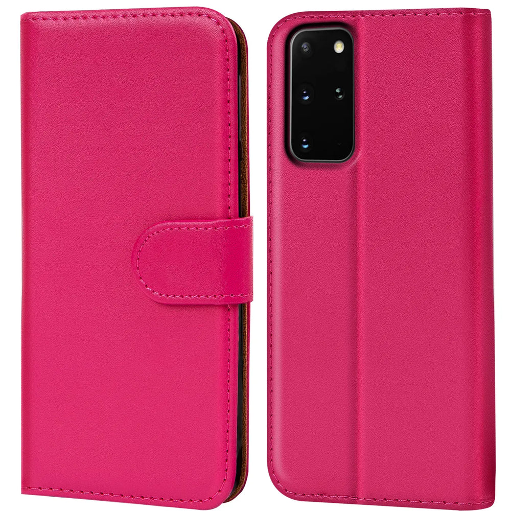 Pink Kunstleder Klapphülle mit Kartenfächern für Samsung S20 Plus, Vorder- und Rückansicht