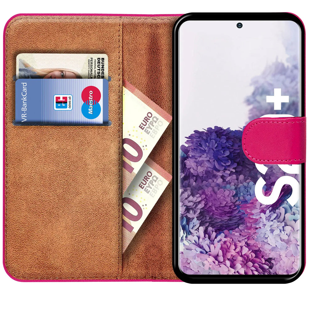 Braune Leder-Klapphülle mit Kartenfächern, zeigt Samsung S20 Plus, pinker Verschluss