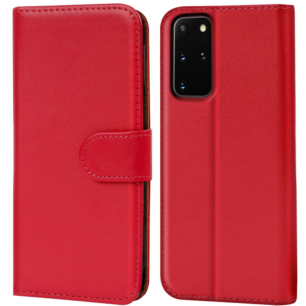 Rote Leder-Klapphülle für Samsung Galaxy S20 Plus, Vorder- und Rückansicht