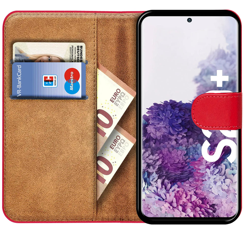 Rote Kunstleder-Klapphülle mit Kartenfächern, zeigt Samsung S20 Plus, von vorne