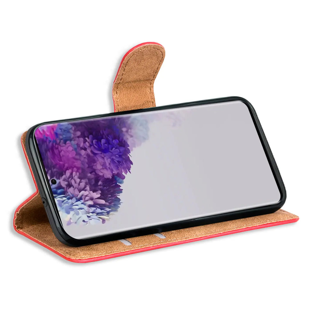 Rote Leder-Klapphülle mit Kartenfächern, Samsung S20 Plus, von vorne schräg
