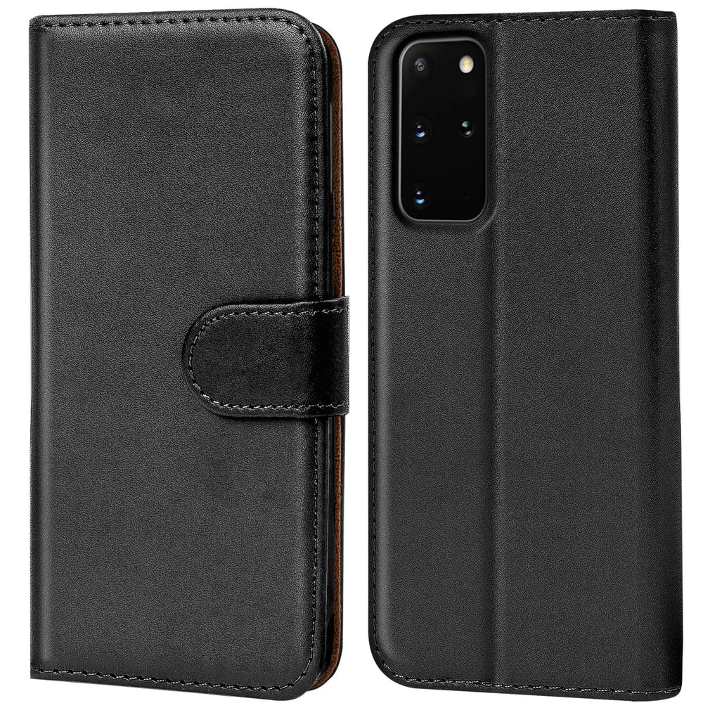 Schwarze Leder-Klapphülle mit Kartenfächern, zeigt Rückseite eines Samsung Galaxy S20 Plus.