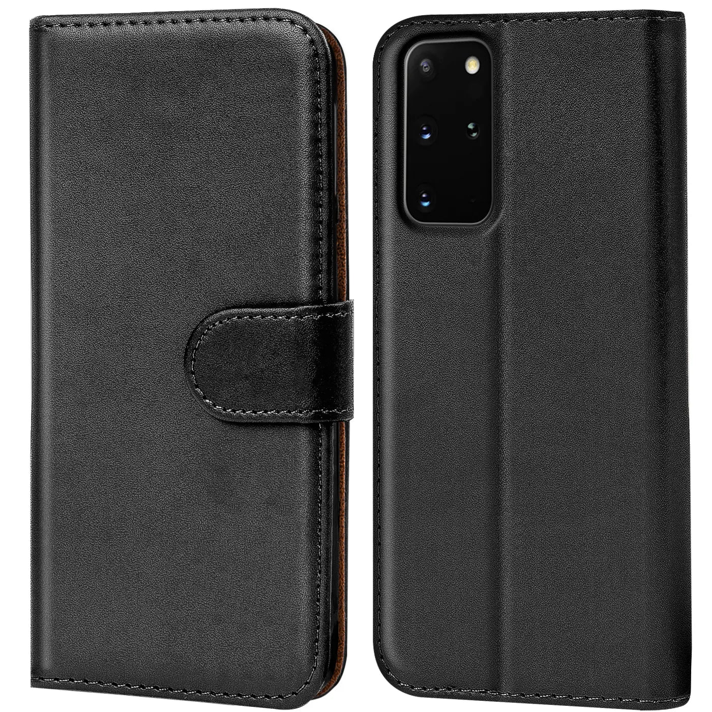 Schwarze Leder-Klapphülle mit Kartenfächern, zeigt Rückseite eines Samsung Galaxy S20 Plus.