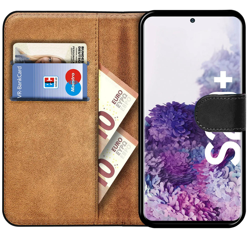 Braune Kunstleder-Klapphülle mit Kartenfächern, zeigt Samsung S20 Plus.