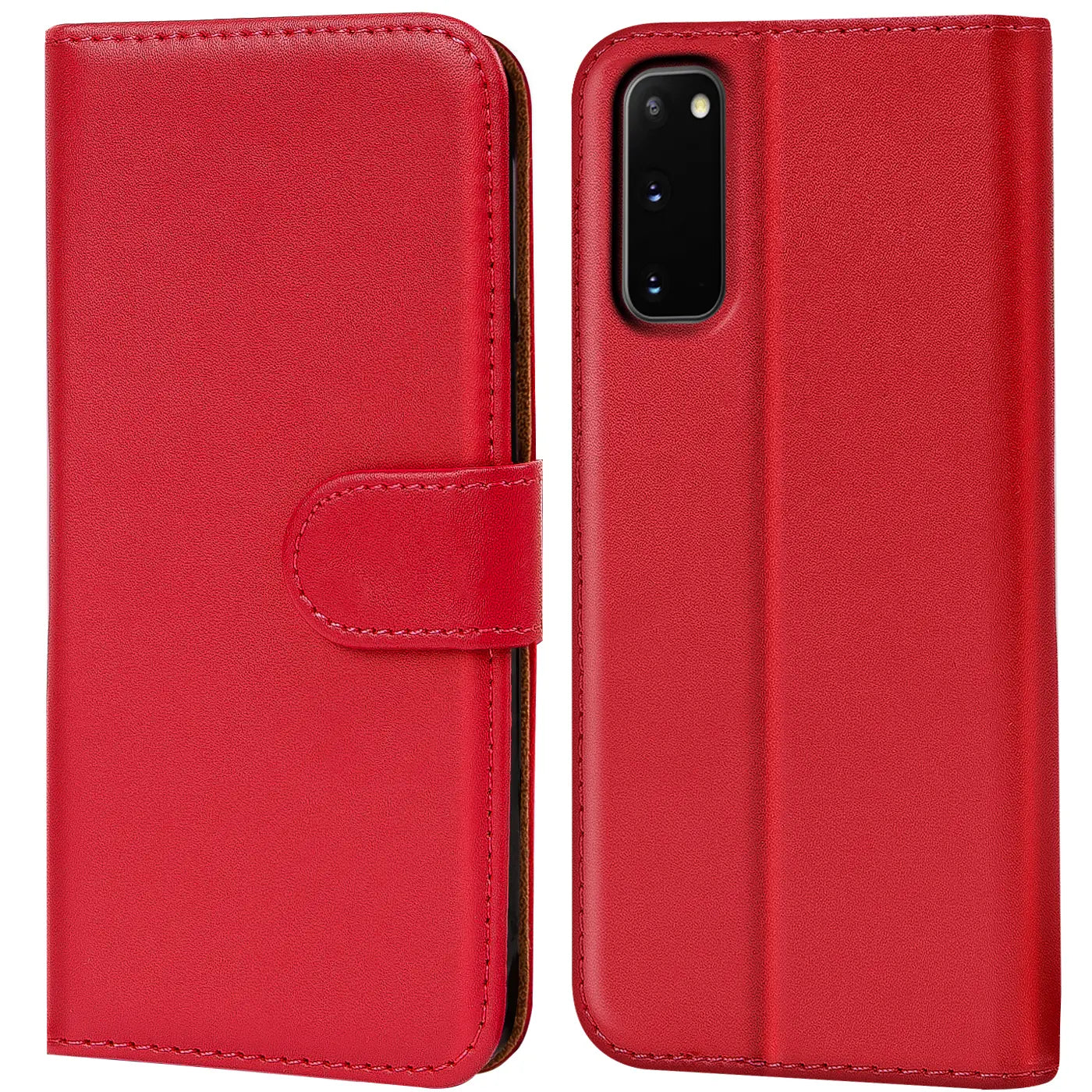 Rote Leder-Klapphülle mit Kartenfächern, Vorder- und Rückansicht, Samsung Galaxy S20.
