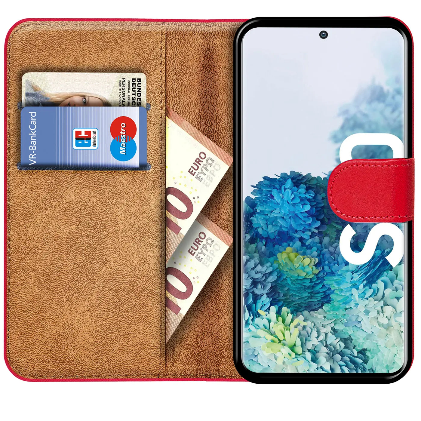 Rote Klapphülle aus Leder mit Kartenfächern und Geldscheinen, zeigt Samsung Galaxy S20.