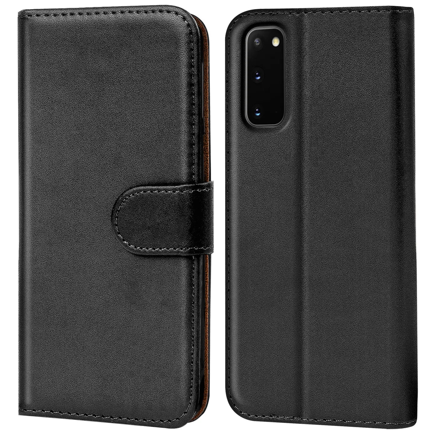 Schwarze Leder-Klapphülle mit Kartenfächern, Vorder- und Rückansicht, für Samsung Galaxy S20.